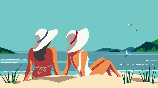 Two Females Relaxing on Seaside Sand Beach vector illustration. Blue ocean scenic view background. Holiday vacation season travel leisure cartoon. Females rest in summer season tourist trip recreation