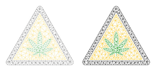 Polygonal mesh cannabis warning icons. Flat model versions created from cannabis warning icon and mesh lines. Abstract lines, triangles and points combined into cannabis warning carcass.