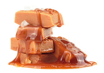 Caramel candies with melted caramel and sea salt isolated on a white background - obrazy, fototapety, plakaty