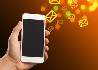 Mail messaging icon, human sending large amount of SMS messages on phone.