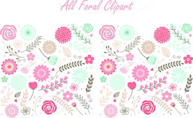 Fototapeta na wymiar Set of colorful vector floral elements, Hand draw clipart collection, Watercolor floral composition. Clipping path included. Fast isolation. Hi-res file. Hand-painted. Raster illustration.