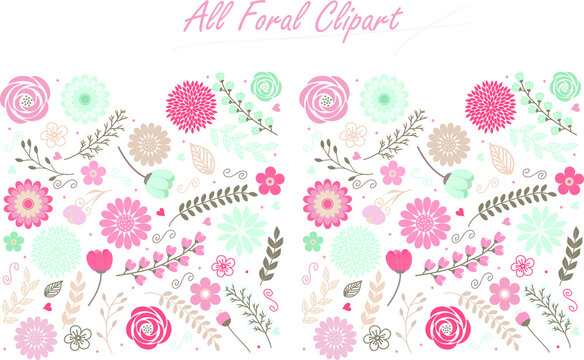 Set of colorful vector floral elements, Hand draw clipart collection, Watercolor floral composition. Clipping path included. Fast isolation. Hi-res file. Hand-painted. Raster illustration.