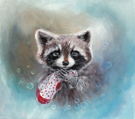 Drawing with a raccoon that washes socks. © Liliia Chyzhevska