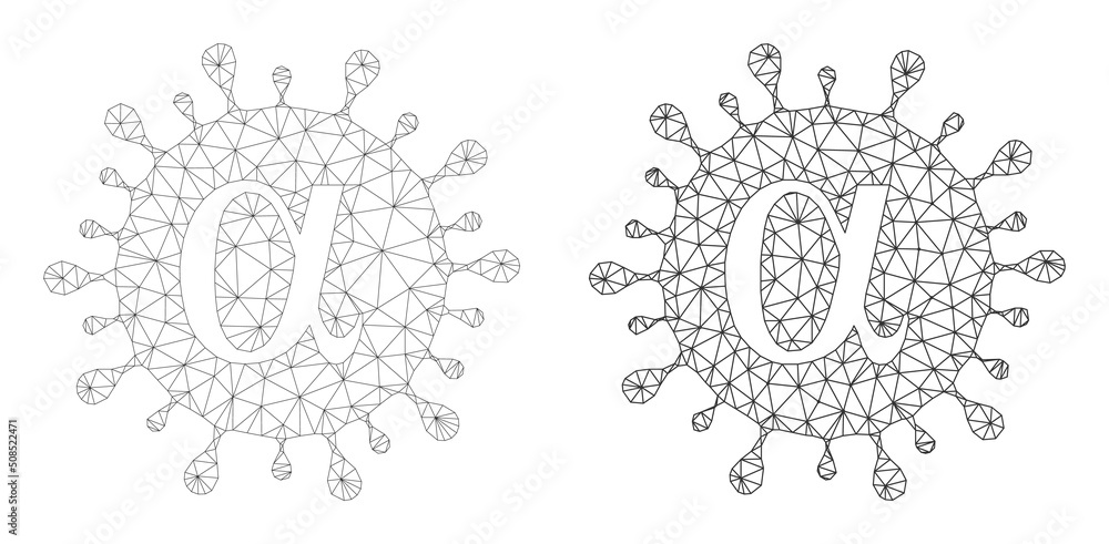 Poster polygonal mesh alpha covid virus icons. flat carcass versions created from alpha covid virus icon an