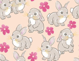 Fashion pattern digital bright floral ornament with animals cute rabbits Easter bunnies, wallpaper pattern emitting, brush strokes, painting, feminine and delicate design on beige background.