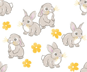 Fashion pattern digital bright floral ornament with animals cute rabbits Easter bunnies, wallpaper pattern emitting, brush strokes, painting, feminine and delicate design on white background.