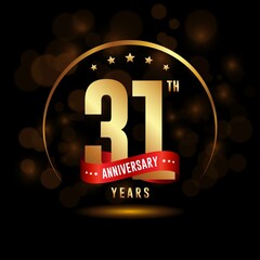 31 years anniversary logo with golden ring and ribbon for booklet, leaflet, magazine, brochure poster, banner, web, invitation or greeting card. Vector illustrations.