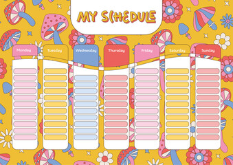 Education timetable schedule. Vintage 70s magic mushrooms in hippie style. Weekly school timetable, study plan or week planner of student classes with psychedelic mushrooms. A4 size printable template