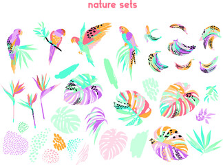 Flower collection with leaves, floral bouquets. Vector flowers. Spring art print with botanical elements. Happy Easter. Folk style. Posters for the spring holiday. icons isolated on white background.