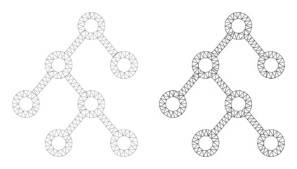 Polygonal mesh binary tree icons. Flat structure variants are created from binary tree pictogram and mesh lines. Abstract lines, triangles and points are organized into binary tree carcass.