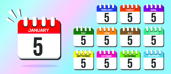 Day 5. Calendars with the 1st of each month, in vector and different colors