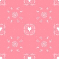 seamless white pattern on pink background. Seamless pattern with hearts and weaving. Lace, knitting,geometry, background, 