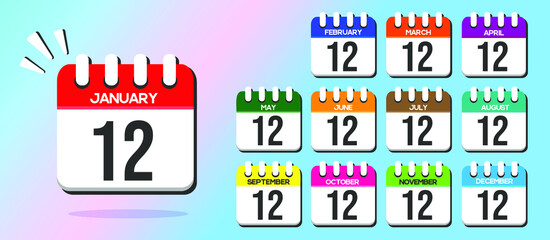 Day 12. Calendars with the 1st of each month, in vector and different colors