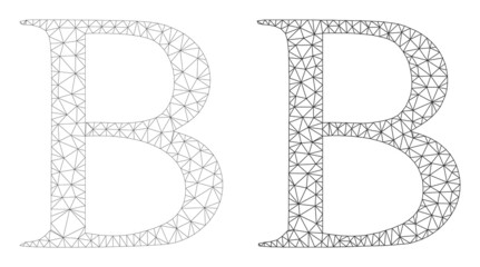 Polygonal mesh Beta Greek letter icons. Flat frame variants are created from Beta Greek letter pictogram and mesh lines. Abstract lines, triangles and points are combined into Beta Greek letter frame.
