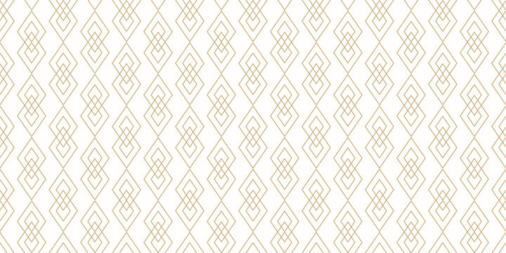 Golden vector geometric lines texture. Elegant seamless pattern with diamonds, linear rhombuses. Abstract gold and white ornament. Art deco style. Trendy minimal background. Luxury repeat geo design