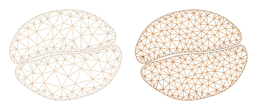 Polygonal mesh coffee bean icons. Flat carcass variants are created from coffee bean icon and mesh lines. Abstract lines, triangles and points are organized into coffee bean frame.