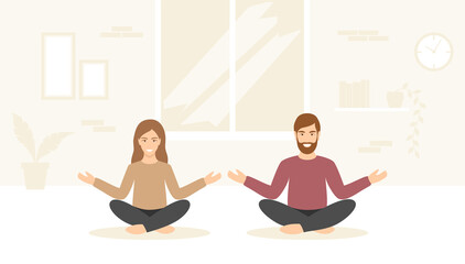 Couple in casual clothes meditating together at home. Vector illustration in flat style
