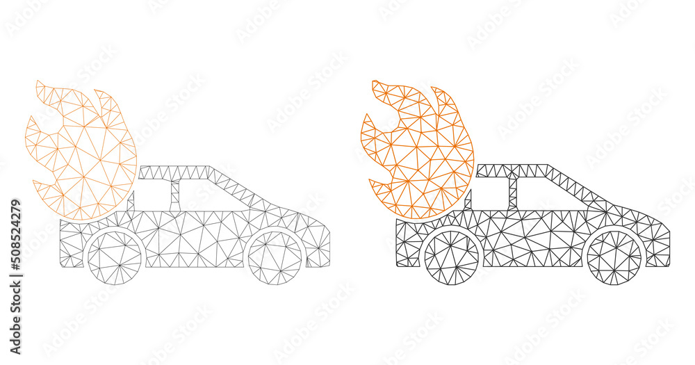 Poster polygonal mesh burn car icons. flat model versions are created from burn car symbol and mesh lines. 