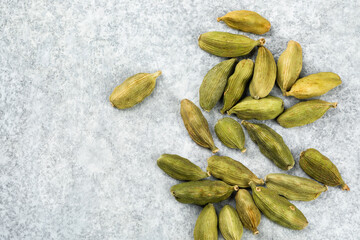 Green cardamom pods, top view, indian spices