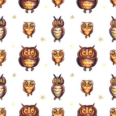 Watercolor seamless pattern with owls. Design idea for fabric, decoupage, scrapbooking, background. Children's illustration