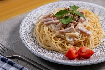 Homemade carbonara pasta close up