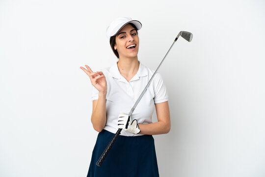 Handsome young golfer player woman isolated on white background smiling and showing victory sign
