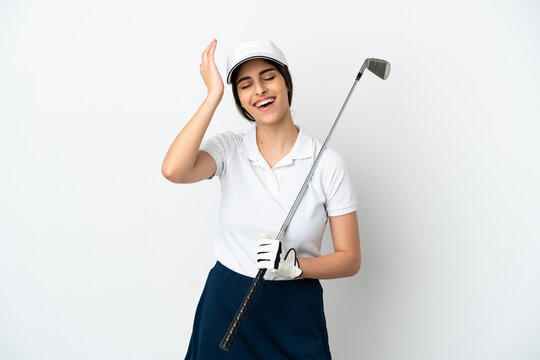Handsome young golfer player woman isolated on white background has realized something and intending the solution
