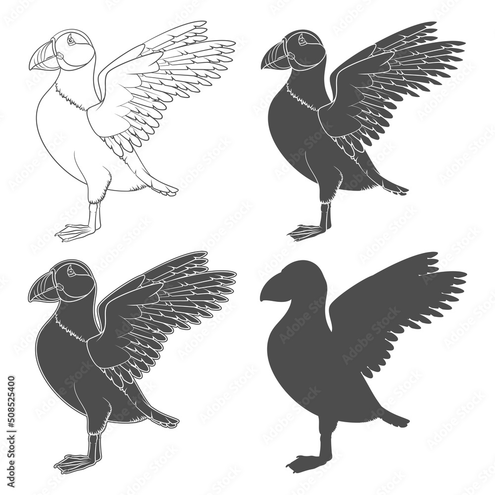 Poster set of black and white illustrations with puffin bird. isolated vector objects on a white background