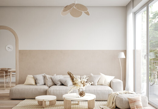 Home interior in boho style, living room in pastel beige colors, 3d render