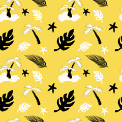 Summer seamless pattern with palm trees, tropical leaves in doodle style 