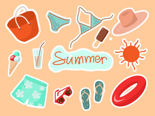 Summer set stickers: ice-cream, beach bag, hat, inflatable ring, cocktail, swim suit, son, flip flops, sunglasses