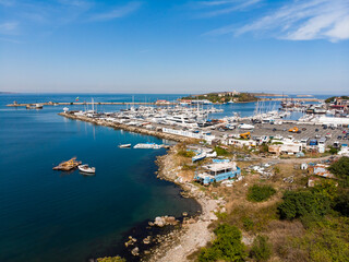 Sozopol, Bulgaria - Black Sea marina port aerial view. Drone view from above. Summer holidays destination