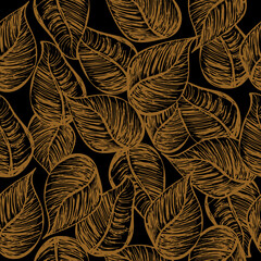 Seamless luxury pattern with cute doodle gold outline leaves. Vector illustration.