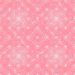 seamless white pattern on pink background. Seamless pattern with hearts and weaving. Lace, knitting,geometry, background, 