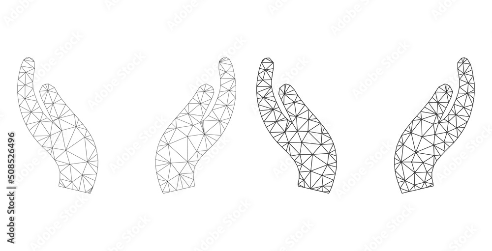 Poster polygonal mesh care palms icons. flat mesh variants created from care palms symbol and mesh lines. a