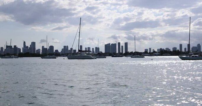 Miami city view from across Miami  Beach island Biscayne bay lagoon water