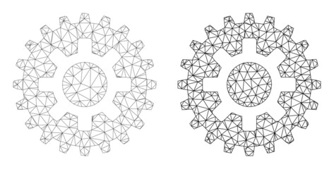 Polygonal mesh cogwheel icons. Flat structure versions created from cogwheel symbol and mesh lines. Abstract lines, triangles and points are organized into cogwheel frame.