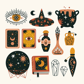 Set of magical items and witchcraft design elements. Mystical hand drawn vector illustrations.
