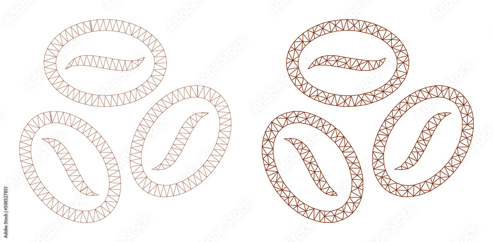 Poster polygonal mesh coffee beans icons. flat mesh variants created from coffee beans symbol and mesh line