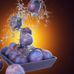 Ripe prunes in a square bowl splashed with sparkling water and backlit. 3d rendering