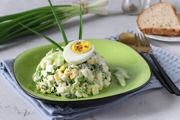 Salad with egg and green onions dressed with mayonnaise on plate on light gray background