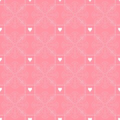 seamless white pattern on pink background. Seamless pattern with hearts and weaving. Lace, knitting,geometry, background, 