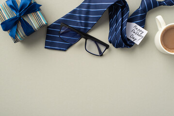 Father's Day concept. Top view photo of giftbox with ribbon bow blue necktie glasses postcard and cup of coffee on isolated pastel grey background with copyspace