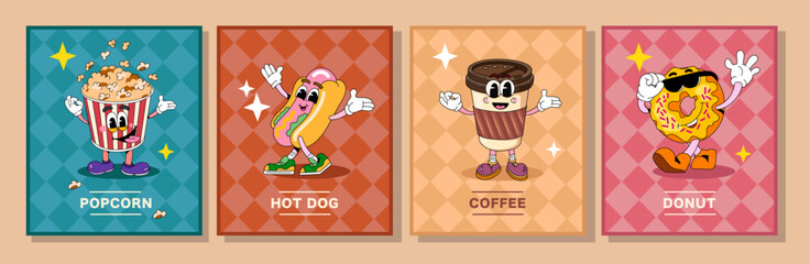Drawn comics characters fast food. Posters with bright colors and text blocks. suitable for decorating a cafe or menu. In vintage style. Sketch.