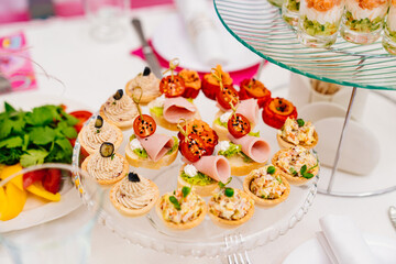 canapes on a plate. catering services for the banquet. convenient small snacks.