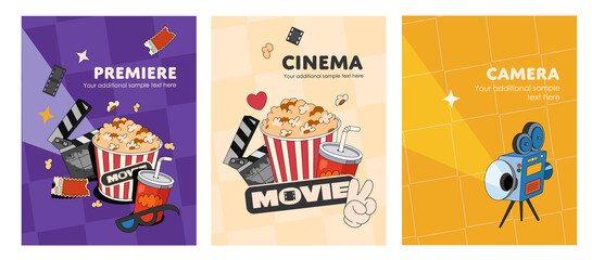A collection of posters on the theme of cinema . Painted objects film camera, 3d glasses, tickets, сlapper board. Popcorn and cola in a trendy style on bright background.