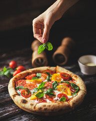 Appetizing pizza with tomatoes and cheese on a dark wooden background. Slice of pizza with stretchy...