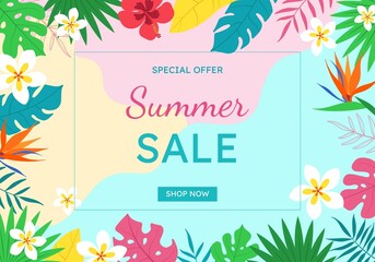 Banner of the summer sale. Creative bright, blue, pink background with tropical leaves, plumeria and hibiscus flowers. Summer sale, poster template, banner on the Internet. © Anna Bova