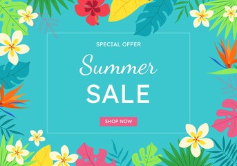 Banner of the summer sale. Creative bright, colorful, blue background with tropical leaves, plumeria and hibiscus flowers. Summer sale, poster template, banner on the Internet.