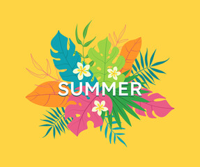 Summer time banner. Creative bright, colorful, yellow, fun background with tropical leaves and plumeria flowers. Summer sale, poster template, greeting card.